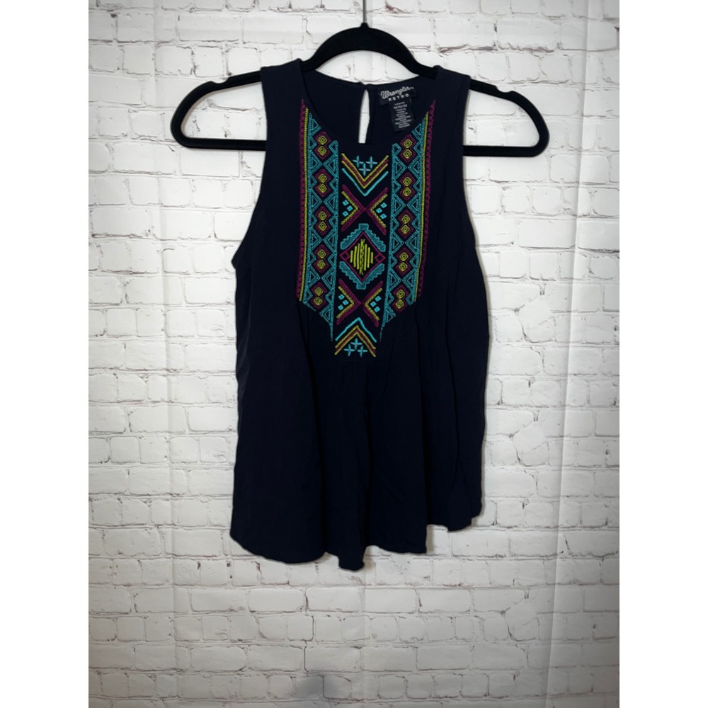 Wrangler Retro Black Embroidered Sleeveless Boho‎ Top LW1039X Womens Medium